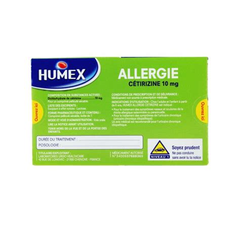 Humex Allergie Comprim S C Tirizine Mg Rhinite Conjonctivite