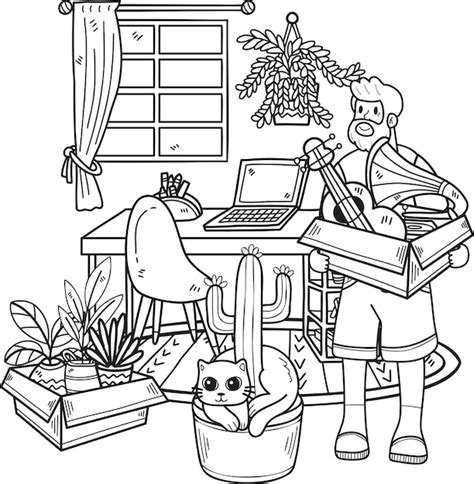 Premium Vector Hand Drawn Elderly Clean The Room With The Cat