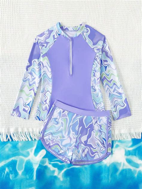 Tween Girls Cool Fluid Print Long Sleeve Bikini Set SHEIN UK