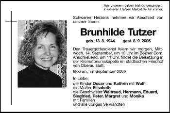 Traueranzeigen Von Brunhilde Tutzer Trauer Bz