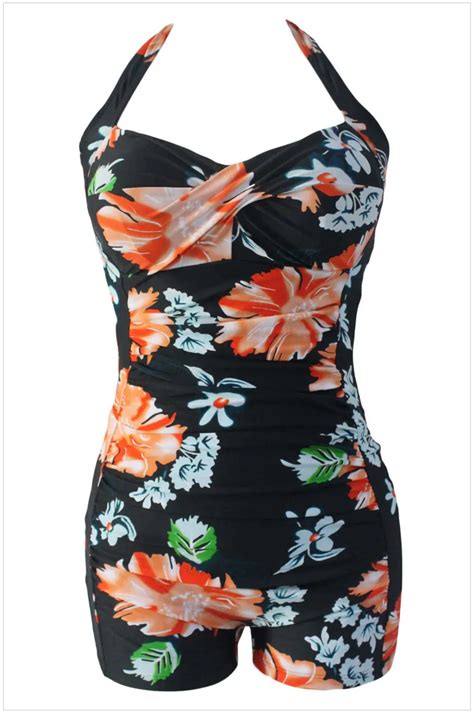 Vintage One Piece Swimwear Women Print Floral Polka Dot Swimsuit Retro Plus Size Bathing Suit