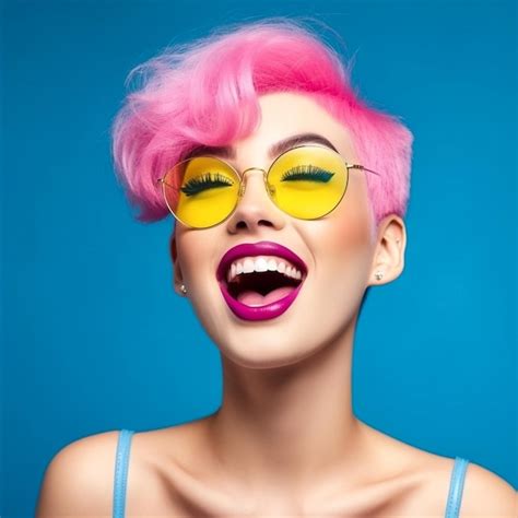 Premium Ai Image Woman Hair Sunglasses Style Beauty Smiling Pink Trendy Pretty Model Colorful