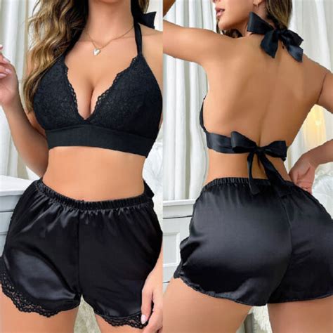 Women Lace Satin Sleepwear Lingerie Cami Shorts Pajamas Set Nightwear S Xl Ebay