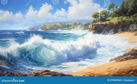 Pintura De Ondas Caindo Em Terra No Estilo D Game Art Ilustra O Stock