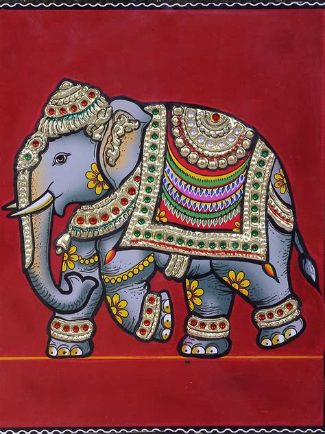 Elephant Tanjore Painting Traditional Colors With 24k Gold Teakwood