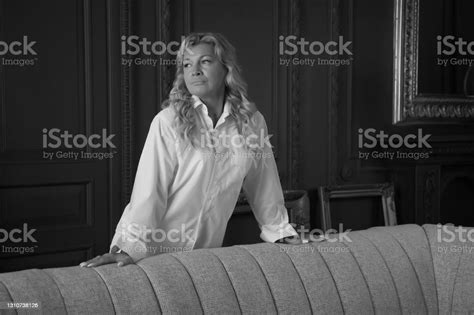 Portrait Photo Cute Middle Aged 45 Years Old Blonde Woman In Domestic