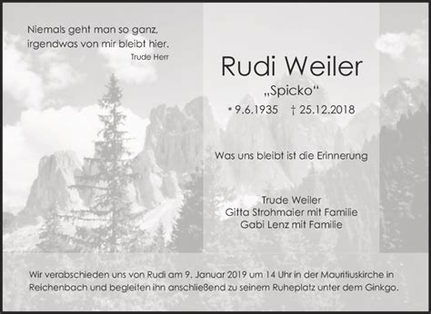 Traueranzeigen Von Rudi Weiler Zeit Des Gedenkens De