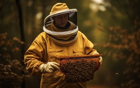 Premium Photo Beekeeper In Protective Workwear Holding Honeycomb Outdoors