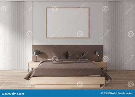 Cozy Hotel Bedroom Interior With Bed Nightstand And Lamp Mockup Frame