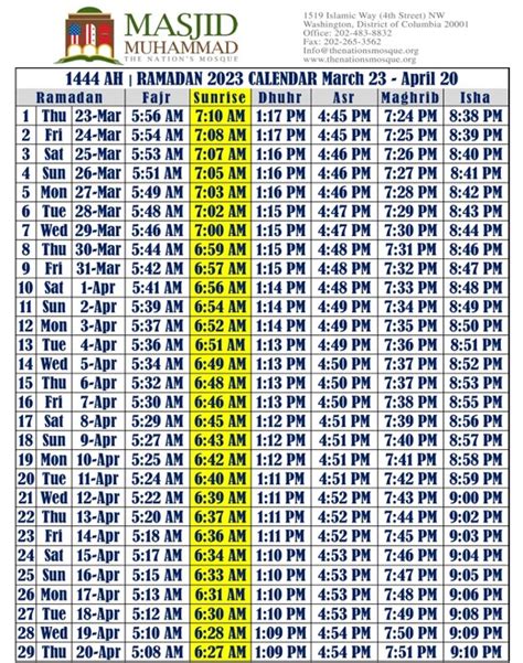 Ramadan Calendar Thenationsmosque