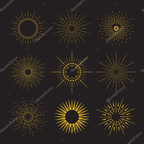 9 Art Deco Vintage Sunbursts Collection With Geometric Shape Light Ray