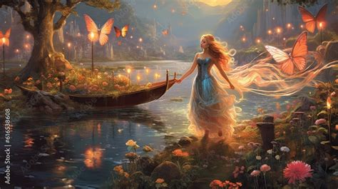 Fantasy Fairy in a magical forest wallpaper background art Stock ...