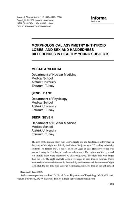 Pdf Morphological Asymmetry In Thyroid Lobes And Sex And Handedness Differences In Healthy