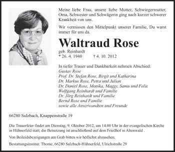 Traueranzeigen Von Waltraud Rose Saarbruecker Zeitung Trauer De