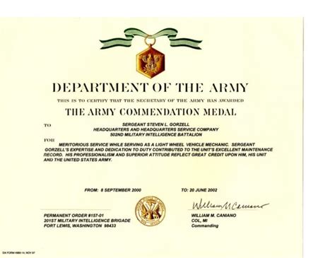 Free Military Awards Certificates And Training Steven Lee Gorzell Army