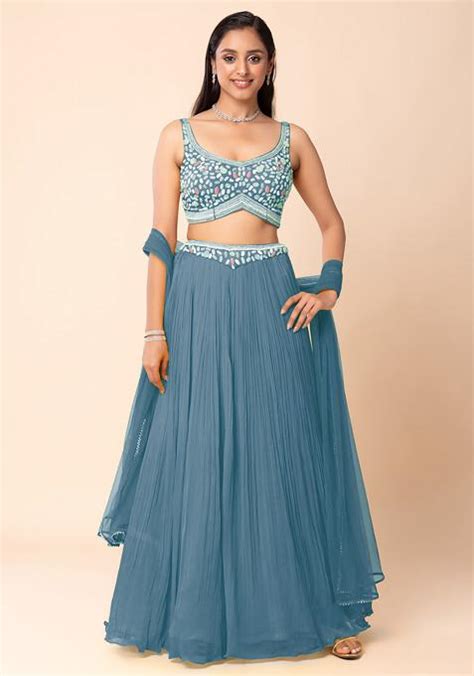 Buy Women Steel Blue Lehenga Set With Abstract Hand Embroidered Blouse