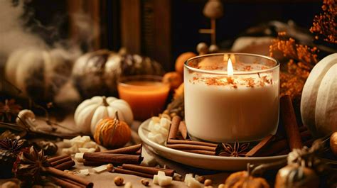 Pumpkin spice potpourri and candles, cozy background layout, Generative ...