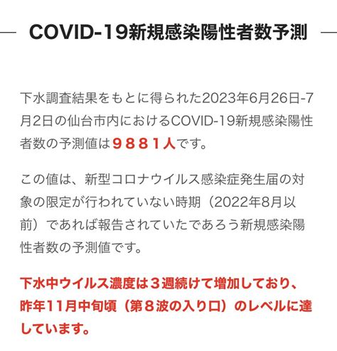 りりか On Twitter 東北大学の新型コロナ下水調査。 626 72の仙台市の感染者予想数は、9881人。3週連続増加しており