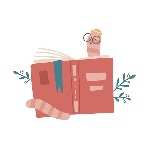 Cute Cartoon Bookworm With Glasses And Hat Reading Behind A Book Flat