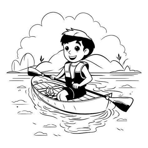 Ni O Remando Una Canoa En El Lago Ilustraci N Vectorial En Blanco Y