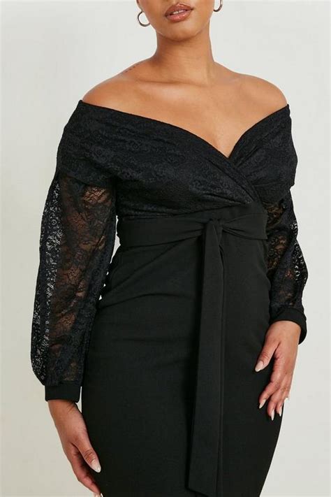 Dresses Plus Lace Off The Shoulder Wrap Midi Dress Boohoo