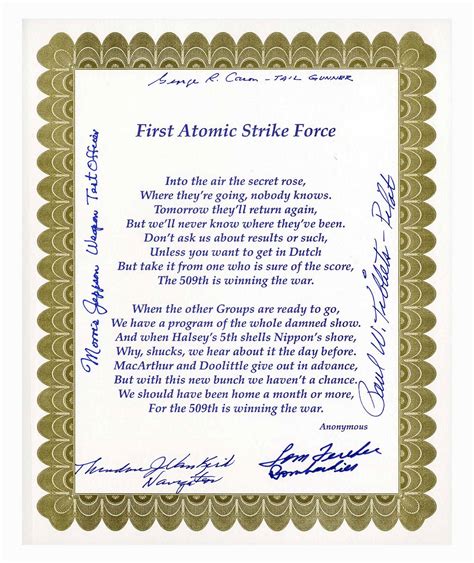Lot Detail Wwii Poem Signed By Five Enola Gay Crew Members Tom