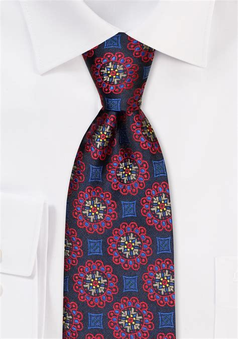 Foulard Weave Necktie Navy Red Gold And Lilac Foulard Weave