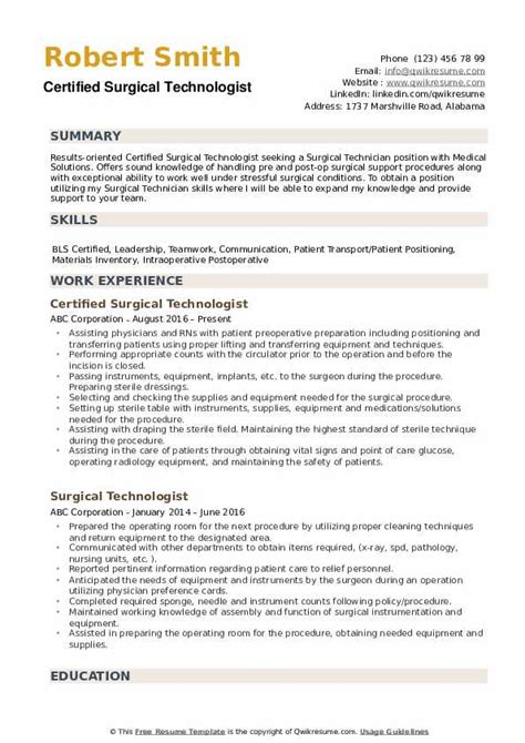 Surgical Technologist Resume Samples Qwikresume