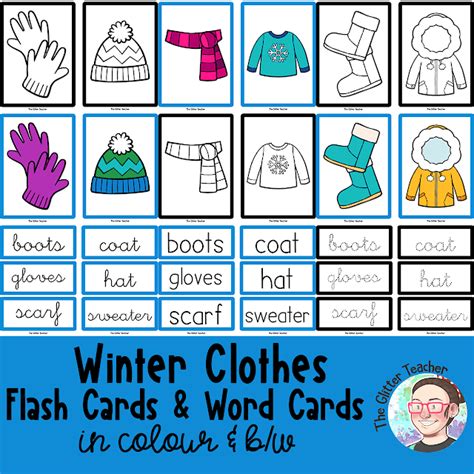 flash cards winter clothes  glitter teacher