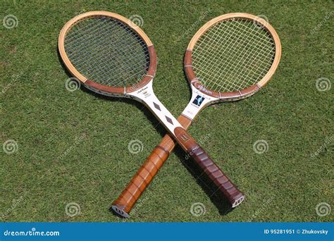 Vintage Wilson Tennis Rackets On The Grass Tennis Court Editorial