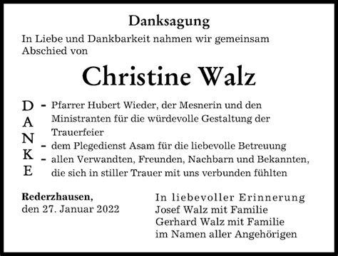 Traueranzeigen Von Christine Walz Augsburger Allgemeine Zeitung