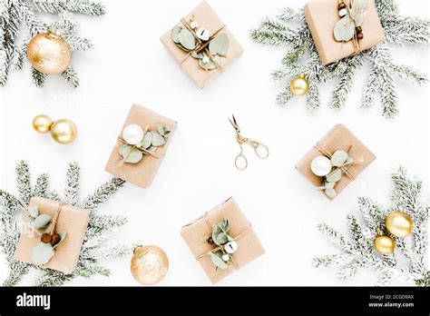 Christmas Pattern Texture Made In Of Craft Boxes And Green Branches In