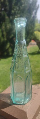 Antique 6 Sided Cathedral Aqua Blue Pepper Sauce Bottle 8 12 Inches