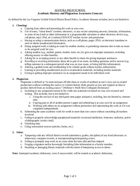 Academic Honesty And Plagiarism Awareness Contract Doc Template Pdffiller