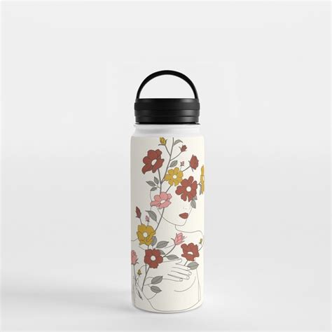 Colorful Thoughts Minimal Line Art Woman With Wild Roses Water Bottle