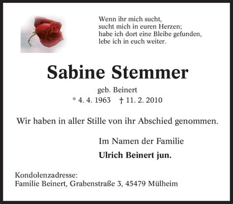 Trauer Und Todesanzeigen Von Sabine Stemmer Trauer De