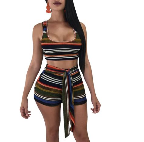 Buy 2018 Summer Women Sets Two Piece Set Striped Crop Top And Shorts Set 2