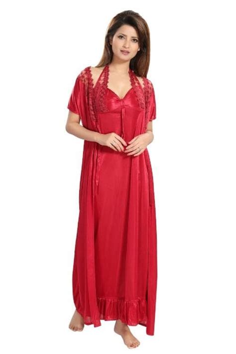 Reposey Women S Satin Solid Maxi Length Nighty With Robe Pc A