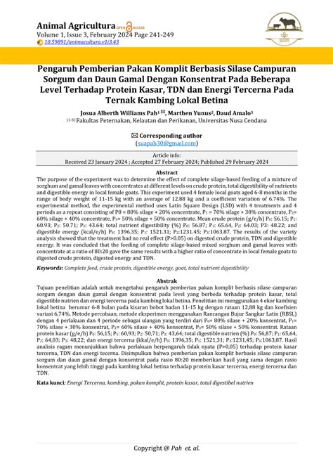 PDF Pengaruh Pemberian Pakan Komplit Berbasis Silase Campuran Sorgum