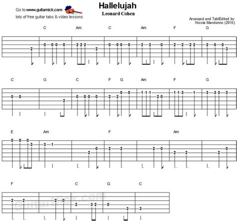 Hallelujah Easy Guitar Tablature Sheet Music Notation In 2019