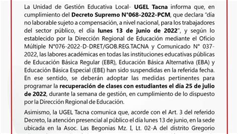 Comunicado de la ugel tacna Noticias Unidad de Gestión Educativa