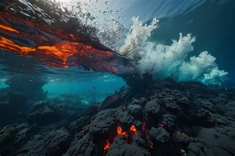 Underwater Lava Flow Meeting The Ocean Creating Steam Premium Ai