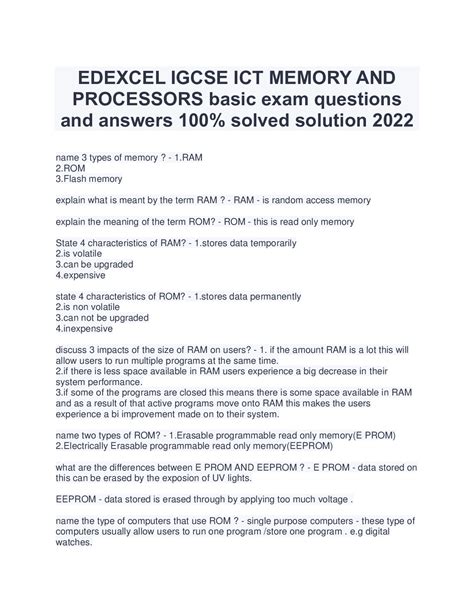 Edexcel Igcse Ict Memory And Processors Basic Exam Questions And