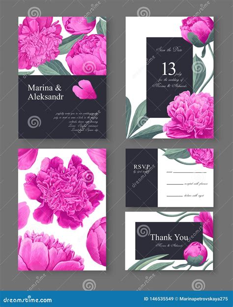 Botanical Wedding Invitation Card Template Design With Pink Peonies