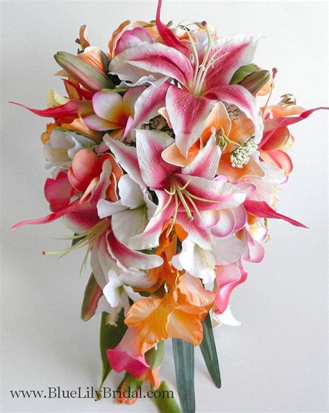 Stargazer Cascade Bridal Bouquet In Hot Pink And Orange Tropical