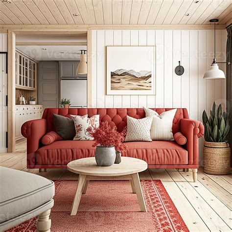 Cozy Living Room With Red Sofa In Scandinavian Style Modern Interior