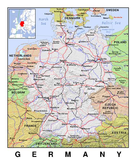 Detailed political map of Germany with relief | Germany | Europe | Mapsland | Maps of the World