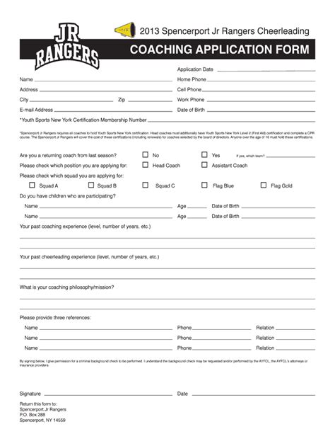 Fillable Online Cheerleading Coaching Application Form Fax Email