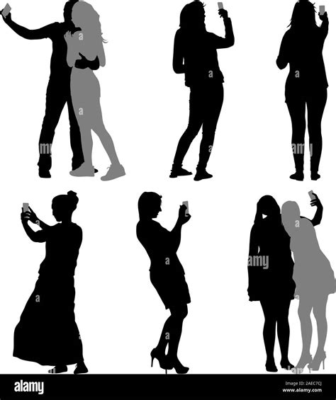 Silhouettes Man And Woman Taking Selfie With Smartphone On White Background Vector Illustration