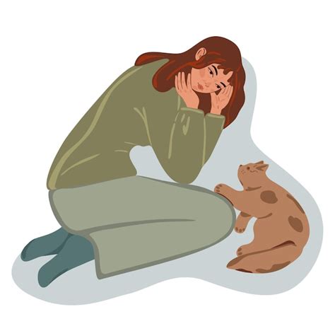 Mulher Triste Olhando Para O Gato Dono De Felino Sentado No Chão Ilustração Em Vetor Gráfico